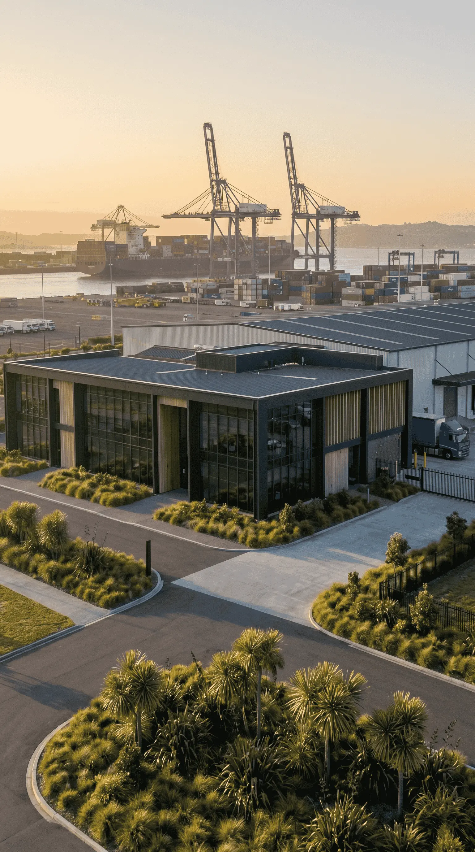 Auckland harbour with global trade lines and curated products