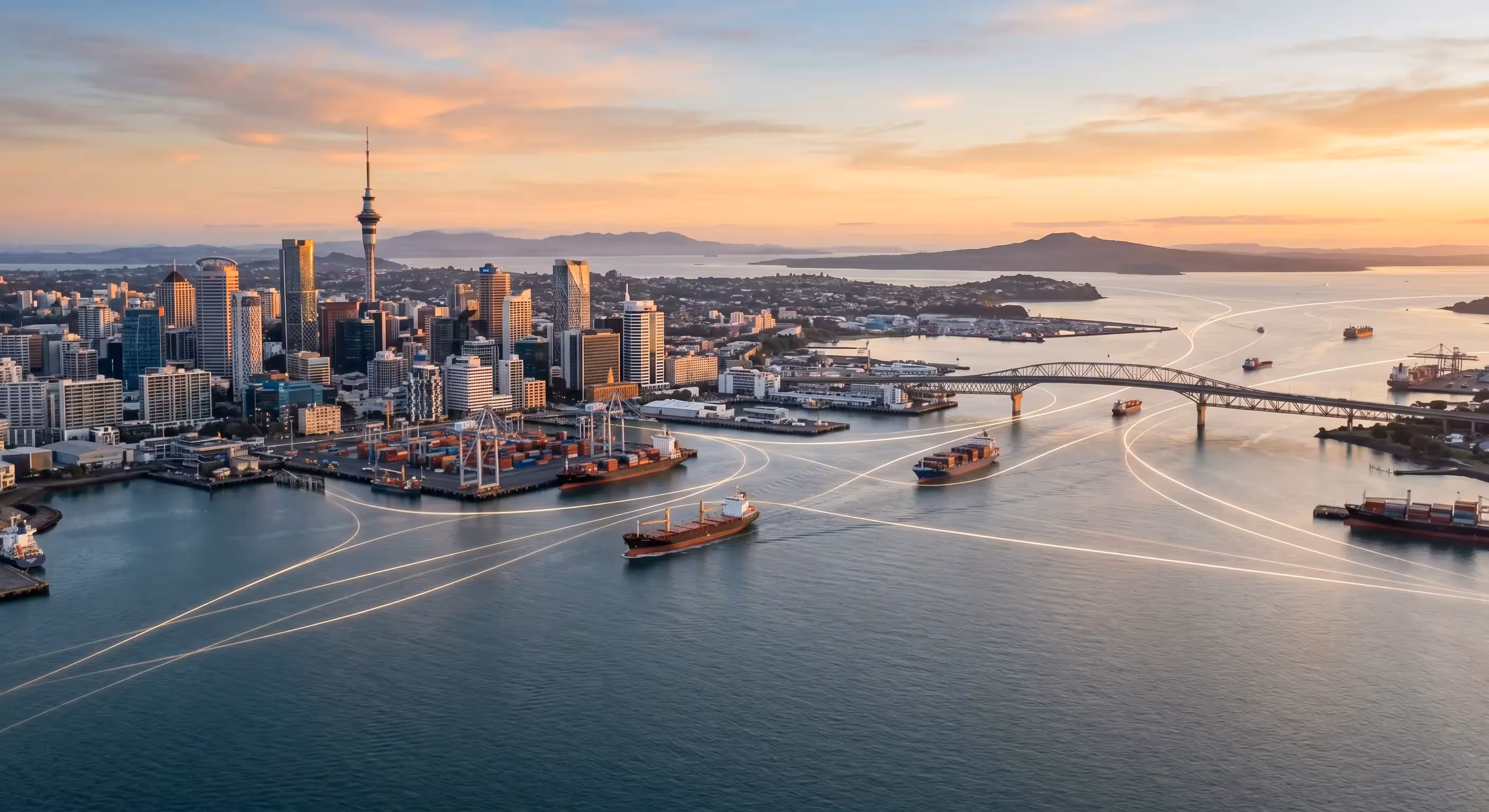 Auckland harbour with global trade lines and curated products